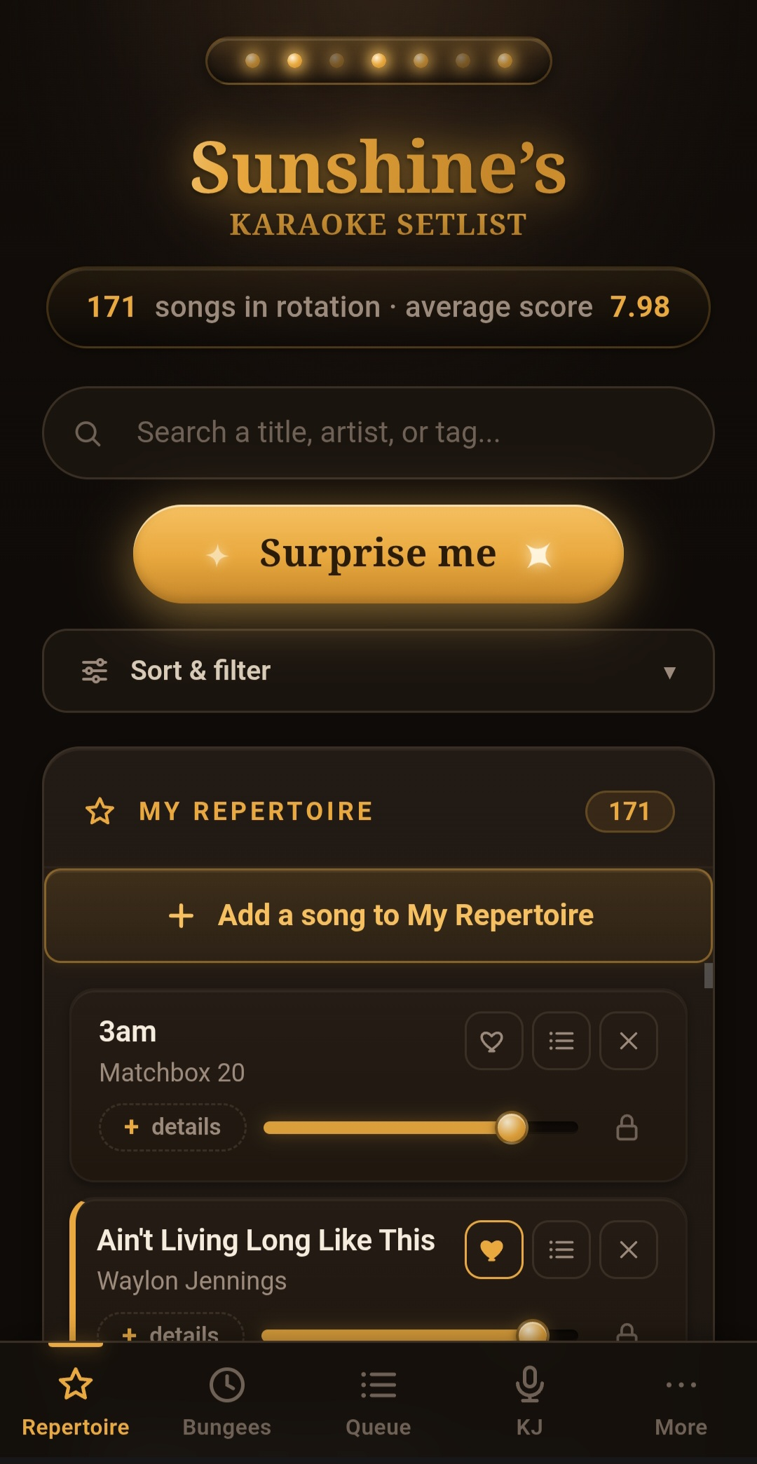 Karaoke Setlist app — My Repertoire screen showing songs in rotation, scores, search, and the bottom navigation.