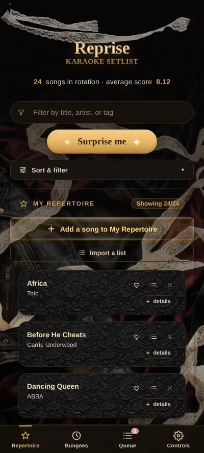 The Reprise repertoire screen in the Leather and Lace look: black leather with pale lace trim across the top, showing the same songs and layout in a second premium theme.
