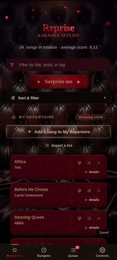 The Reprise repertoire screen in the Vamp Romantic look: deep red velvet and dark leather with falling red accents at the top, showing the same songs and layout in a moody premium theme.