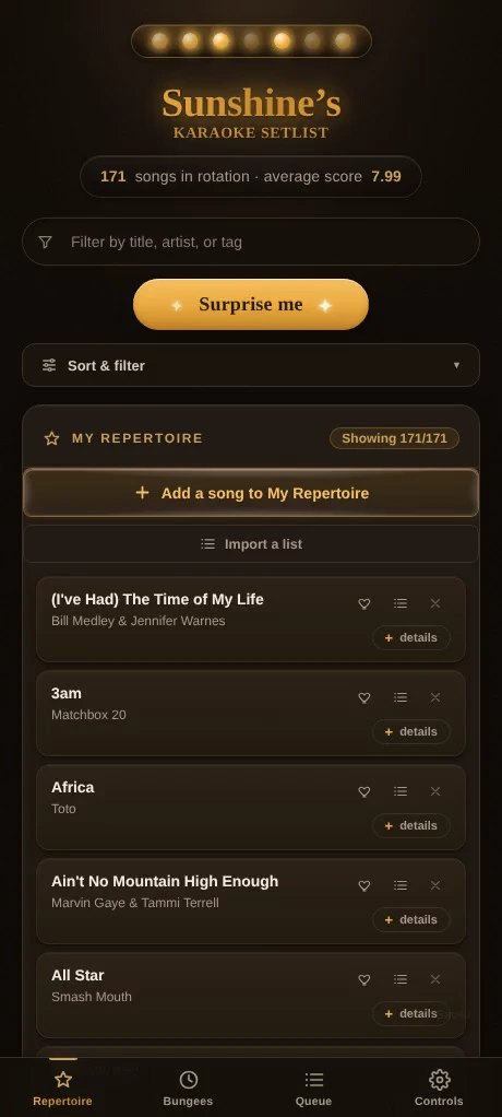 The Reprise app open on the My Repertoire screen, showing 171 songs in rotation with an average score of 7.98, a Surprise me button, a Sort and filter bar, an Add a song to My Repertoire button, and song cards such as The Time of My Life and Africa, with tabs for Repertoire, Bungees, Queue, Friends, and Controls along the bottom.