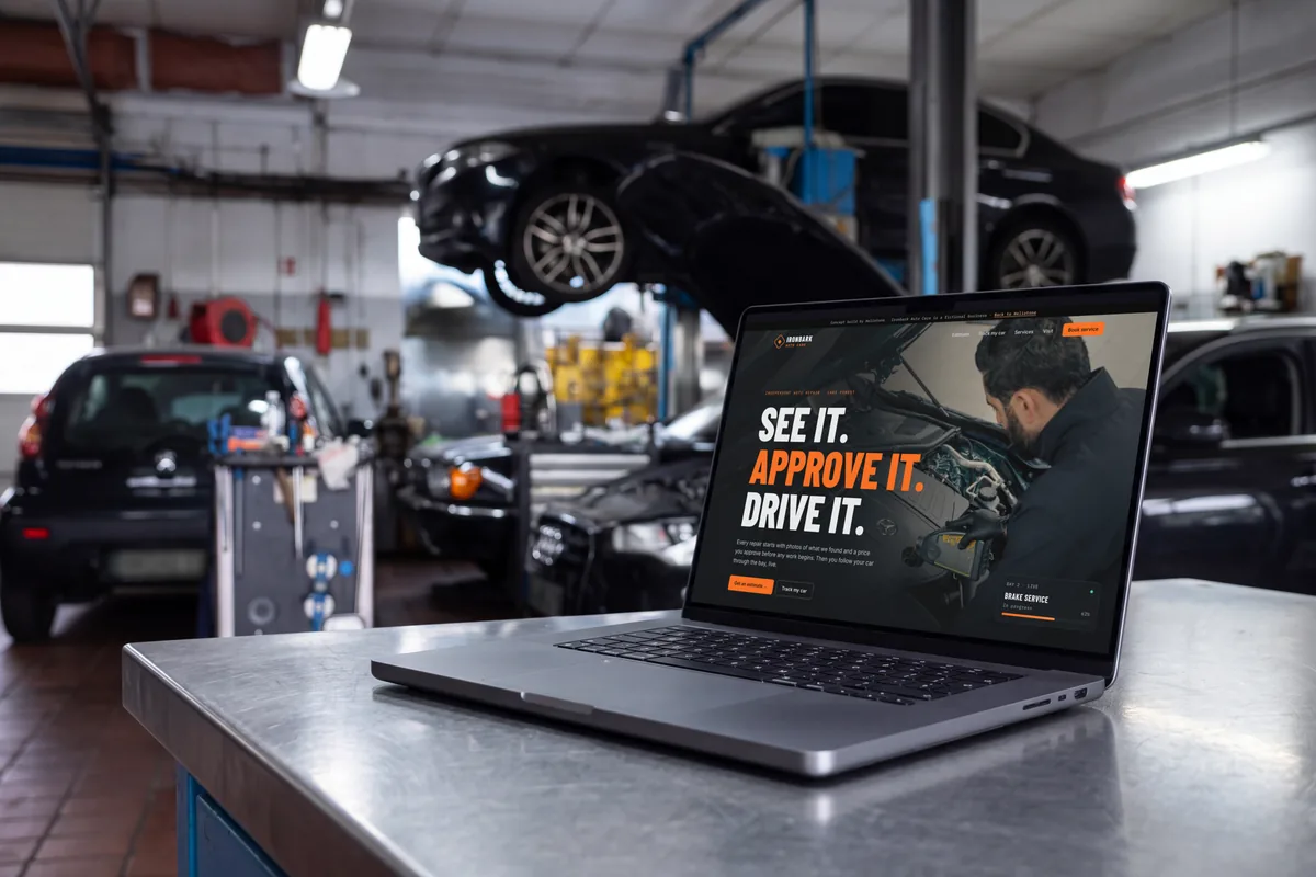 The Ironbark Auto Care concept website on a laptop in a repair shop, with a car up on the lift behind it