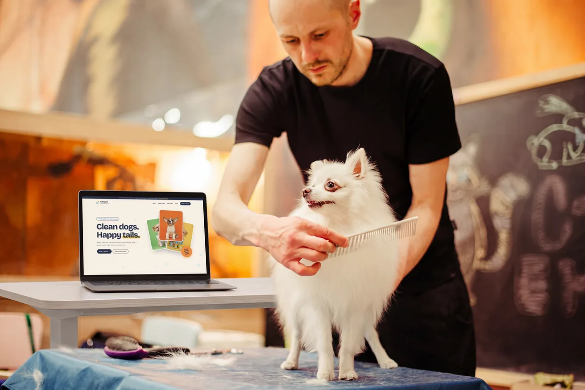 The Tidepool Grooming Co. concept website on a laptop beside a groomer combing a small white dog