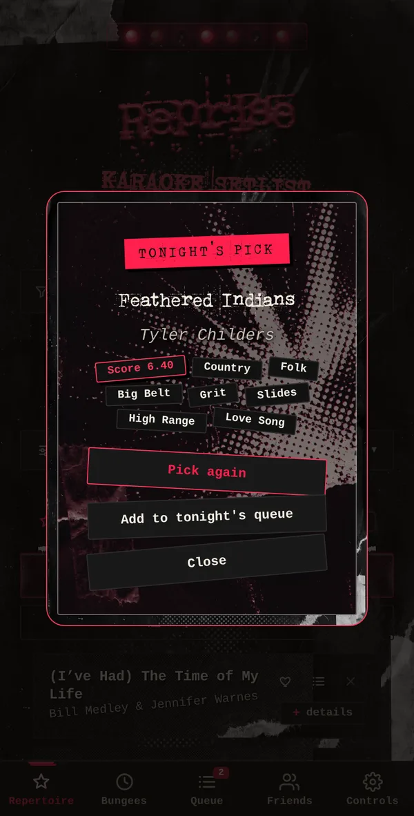 Reprise in the Riot look: the Surprise me card showing tonight's pick